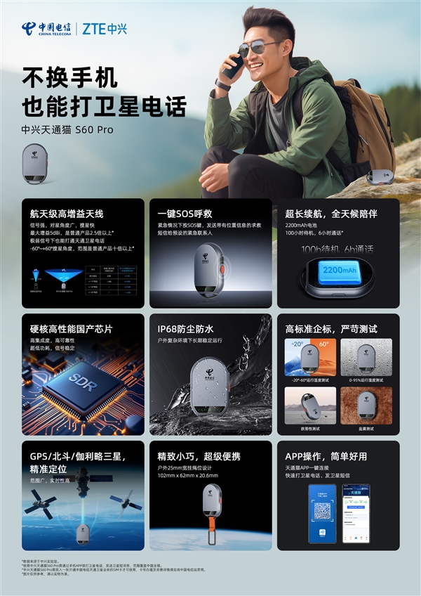 中兴卫星通S60 Pro发布：覆盖北斗+天通