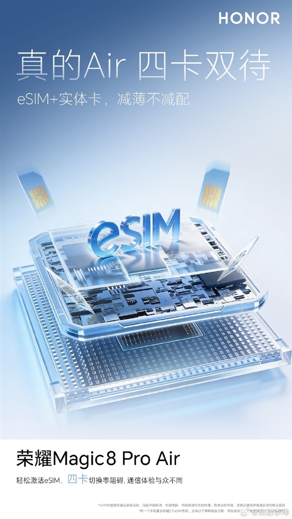 荣耀Magic8 Pro Air减薄不减配，支持eSIM+实体SIM 四卡双待