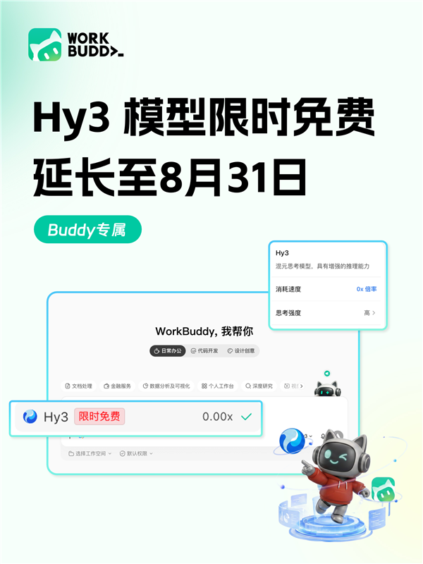 腾讯WorkBuddy官宣Hy3模型限时免费体验延期